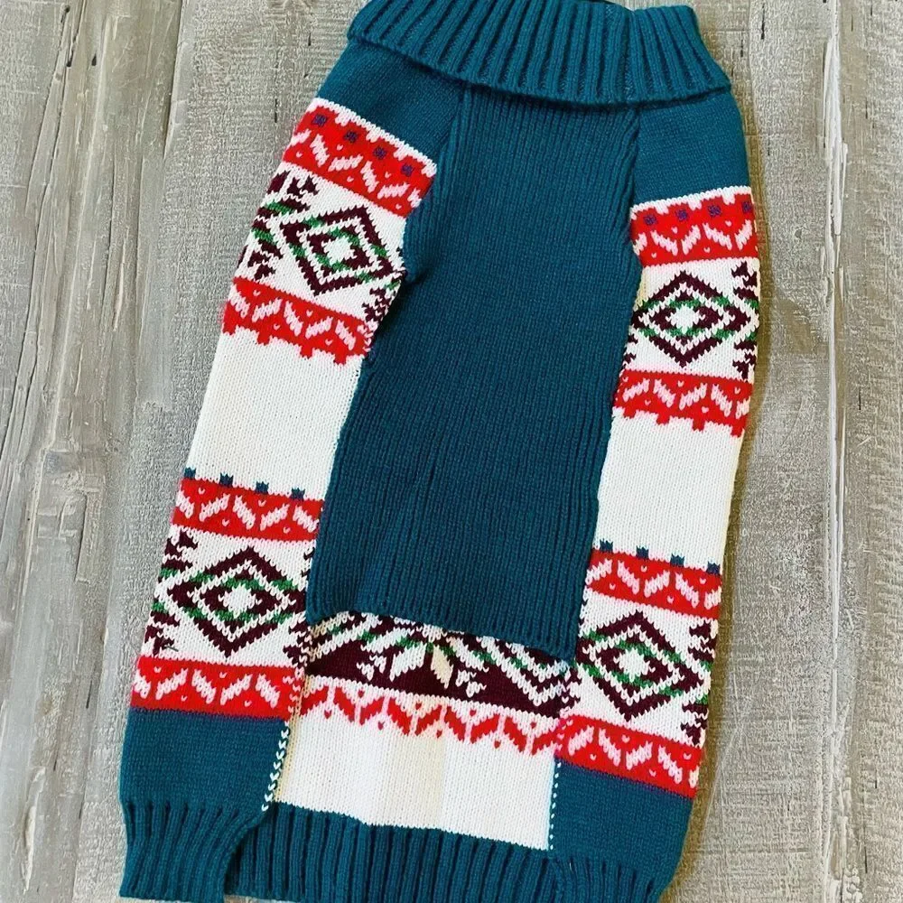 Nordic Fair Isle Teal Blue Green Red Holiday Dog Pet Sweater